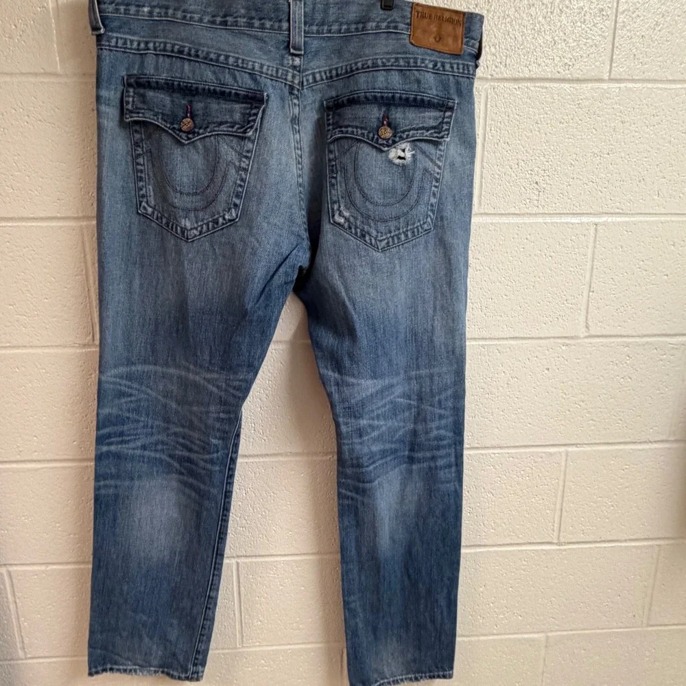 True Religion Mens Geno Distressed Jeans 42 Blue Red Backed Ripped Y2K Flap
